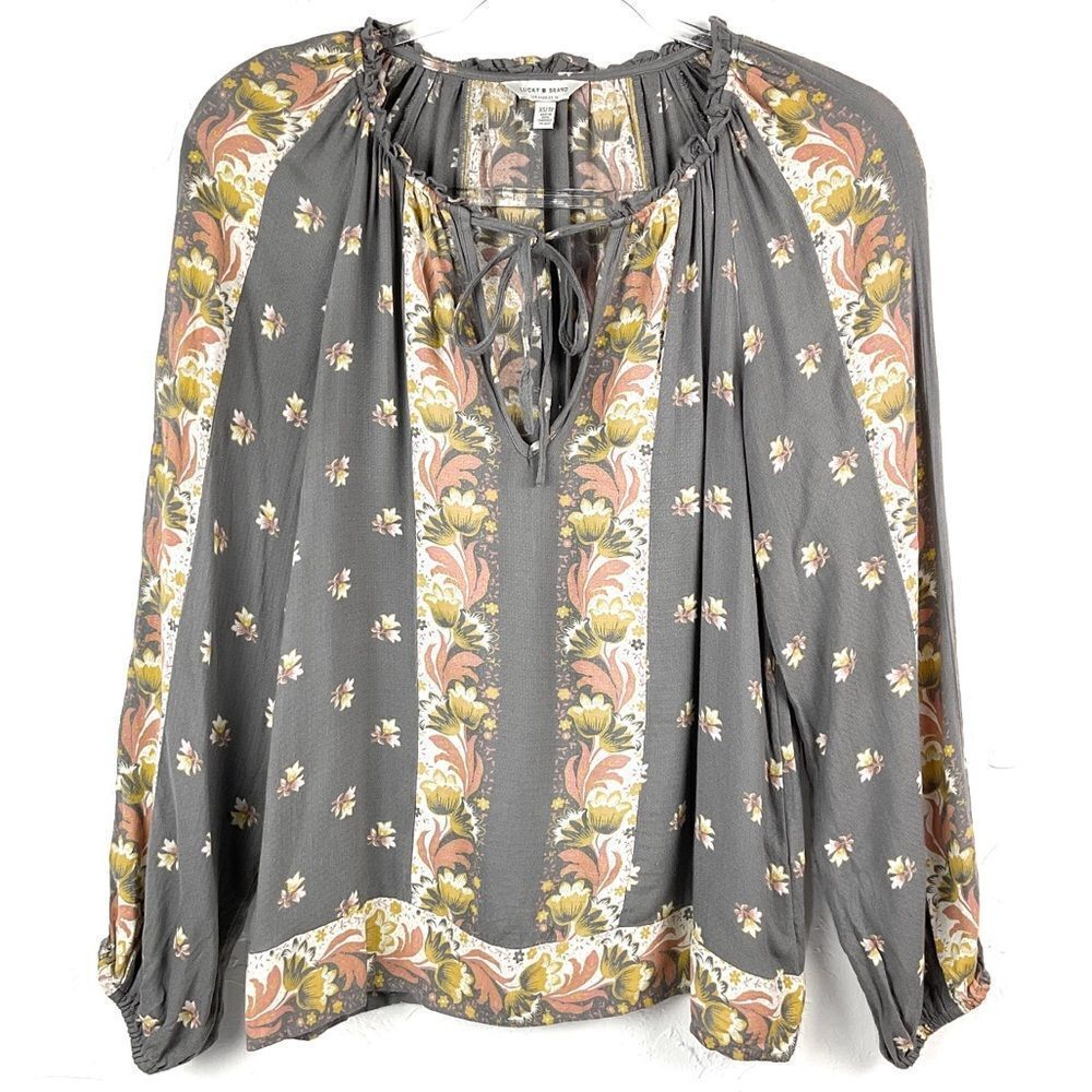 Lucky Brand Gray Floral Print Long Sleeve Peasant Top XS